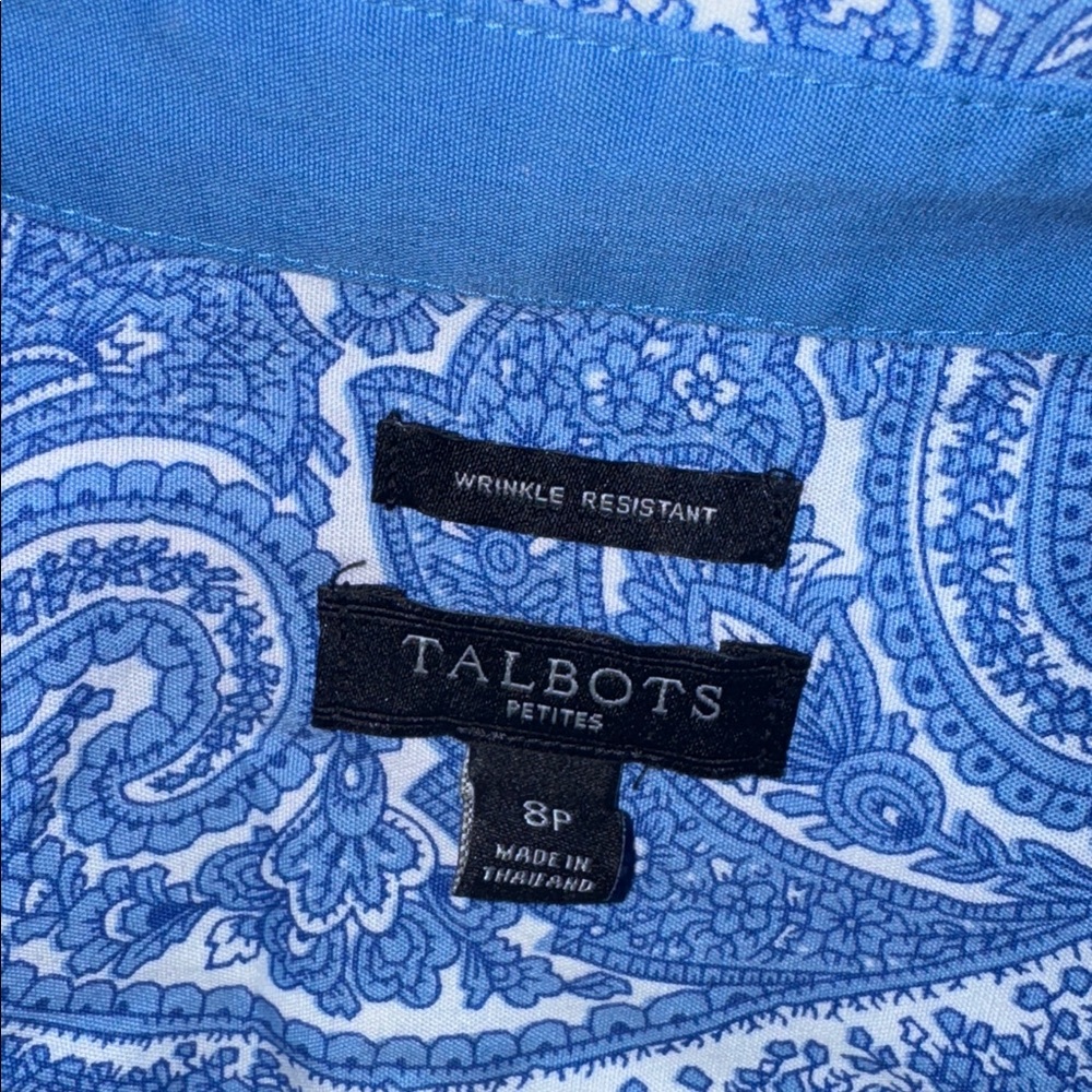 Talbots 8 petite paisley Button Down Blue Shirt Top blouse work wear white - Picture 3 of 7